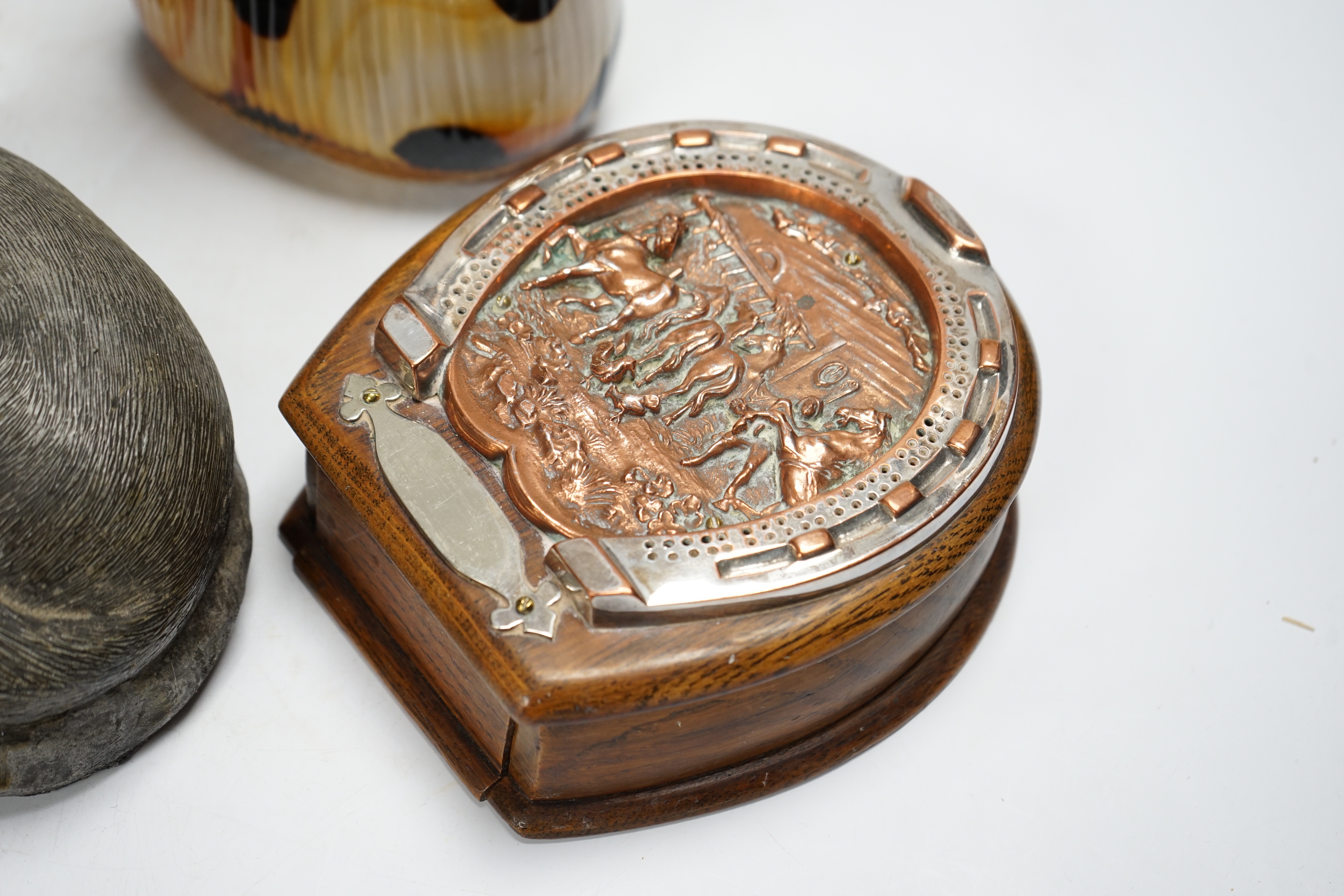 An early 20th century Italian signed bust of a lady, a studio glass basket, model of a dog and a cribbage set (4)